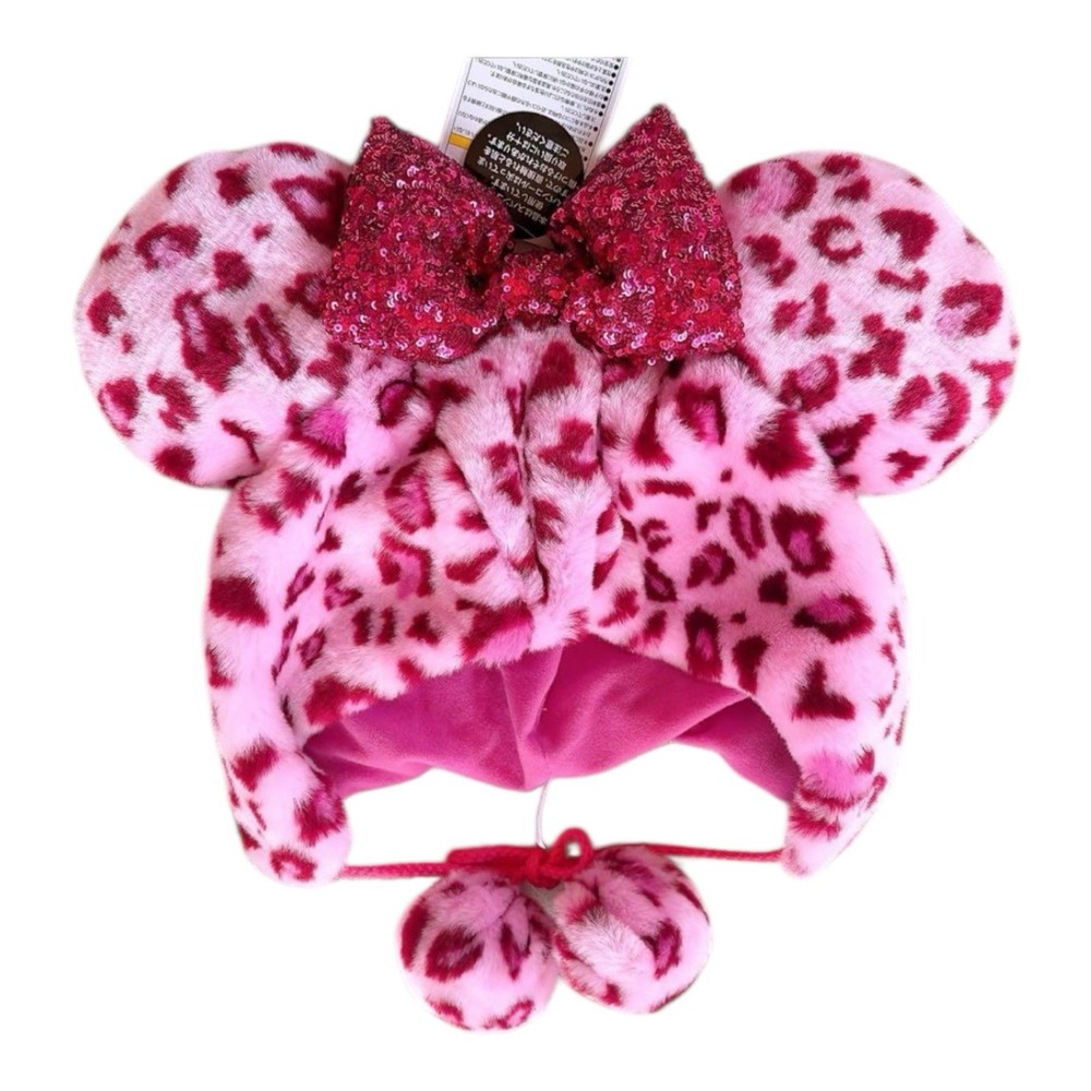 2set New Minnie Mouse Fan Cap Pink Brown Leopard Pattern Sequin Bow Tokyo Disney