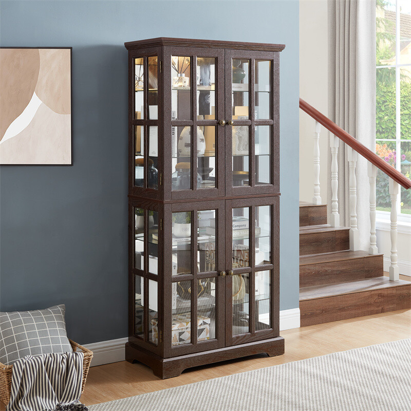 Cherry Curio Display Cabinet Antique Display Cabinet w/Adjustable Shelves &Light