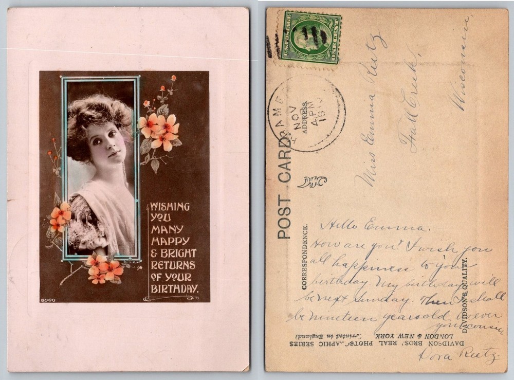 1910 RPPC Edwardian Woman Birthday Postcard Davidson Bros. Fall Creek WI