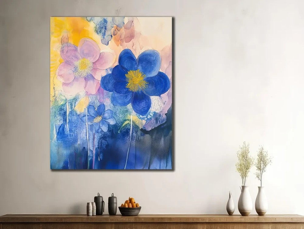Colorful Art Pink Blue Flowers Elegant Unframed Canvas Print Australian Wall Art