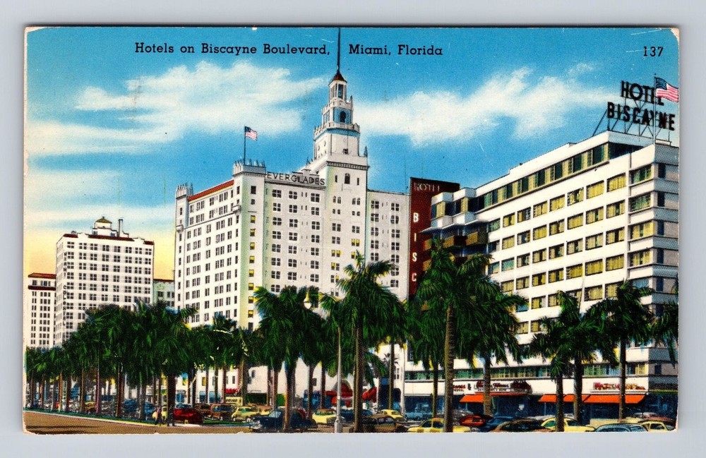 Miami FL-Florida, Hotels On Biscayne Boulevard, Autos, Vintage c1954 Postcard