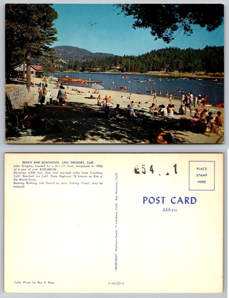 Lake Gregory CA Beach Boathouse Vintage Postcard - Rosecraft Platinum-Coate