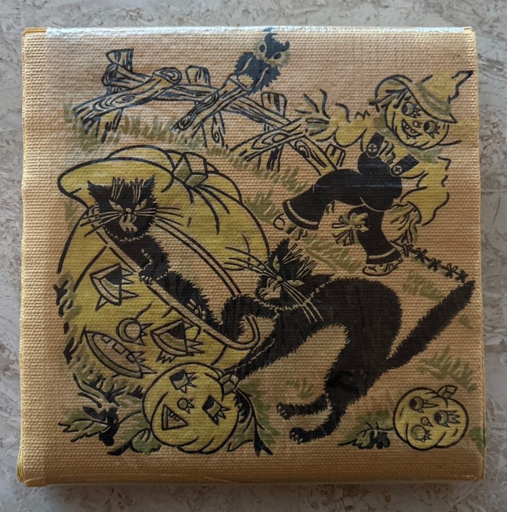 VINTAGE HALLOWEEN Crepe Paper NAPKIN Set w/ JACK O' LANTERN Black Cats SCARECROW