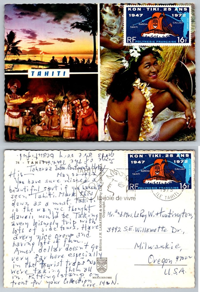 Vintage 1973 Tahiti Postcard - Sunset, Fire Dance & Polynesian Woman w/ Kon-Tiki