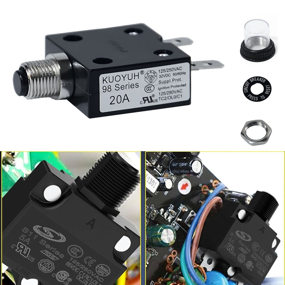 Universal 20 Amp Push Button Thermal Circuit Breaker 12-50V DC 125-250V Volt