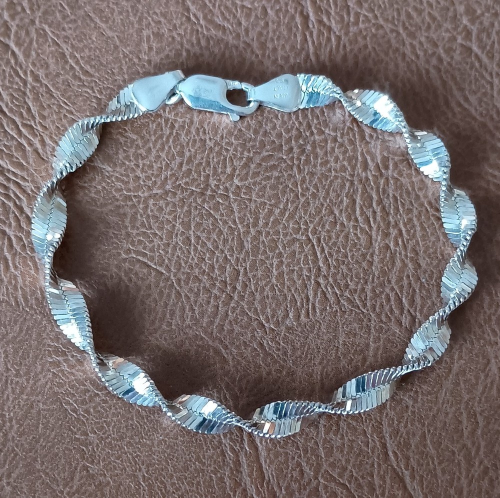Sterling Silver 925 Twisted Chain Bracelet Italy Lobster Clasp