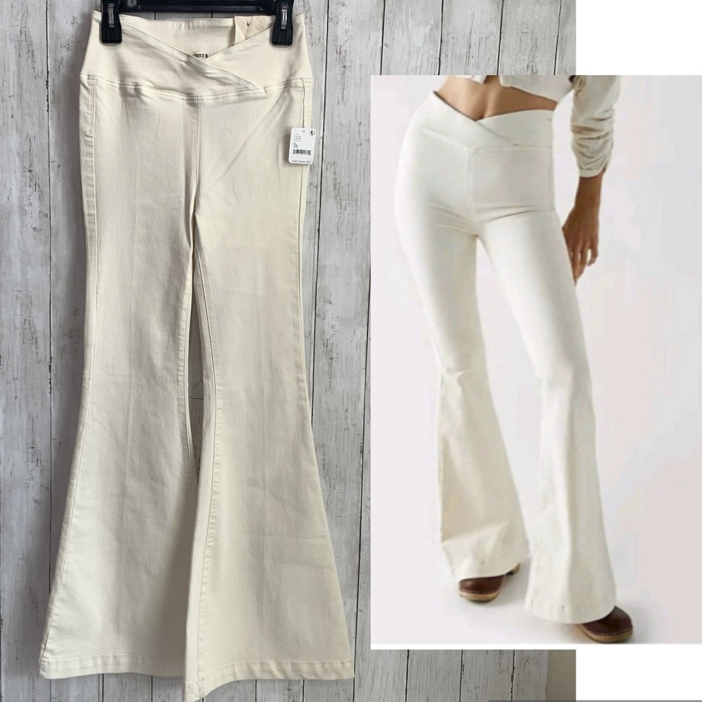 New Free People Venice Beach Pants Womens Size 26 Cream High Rise Flare Boho