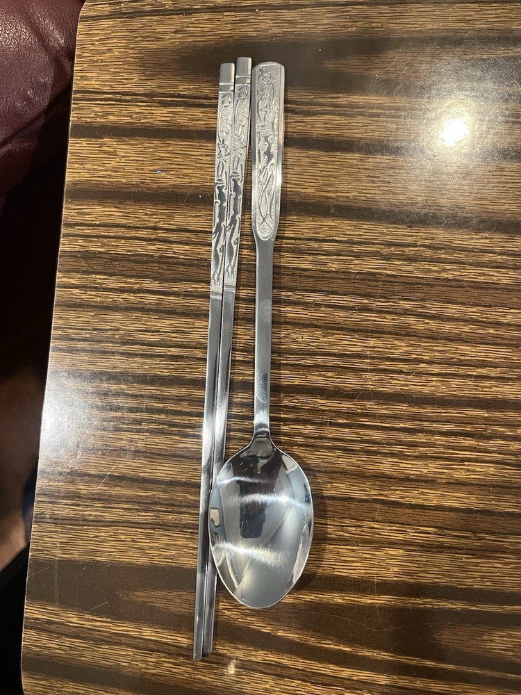 Korean Ginseng Stainless Steel Chopsticks Set with Spoon & Free Handmade Case