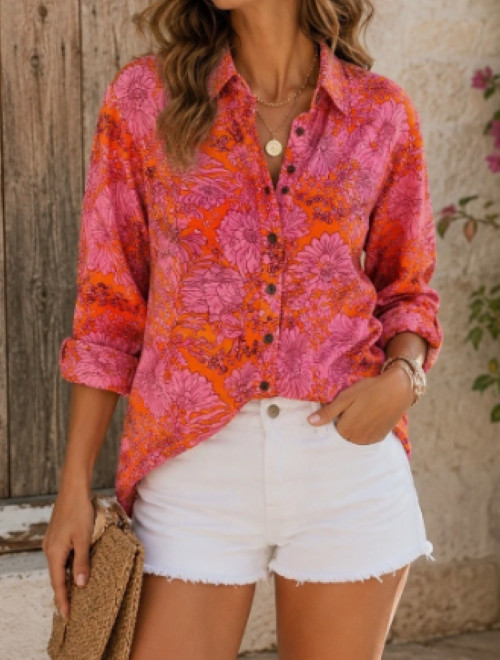 Universal Thread Floral Linen Button Up Blouse XS Pink Orange Long Sleeve