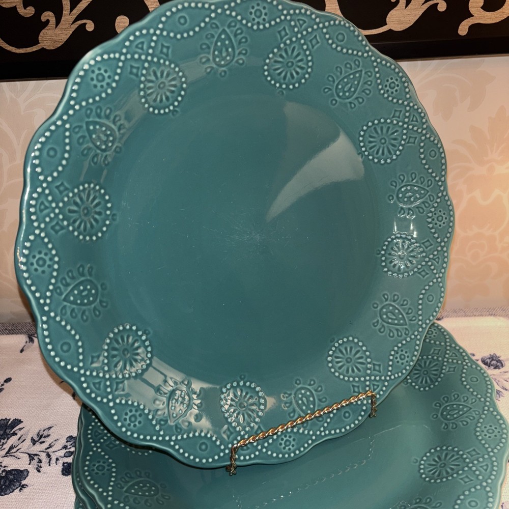 Set Of 4  Pioneer Woman Cowgirl Lace Teal Dinner Plate 10 3/4 inches