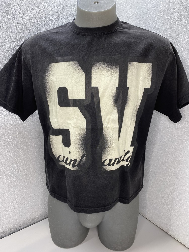 Saint Vanity Mens T-Shirt Black/Cream Size L SV Logo Faded Short Sleeve Cotton