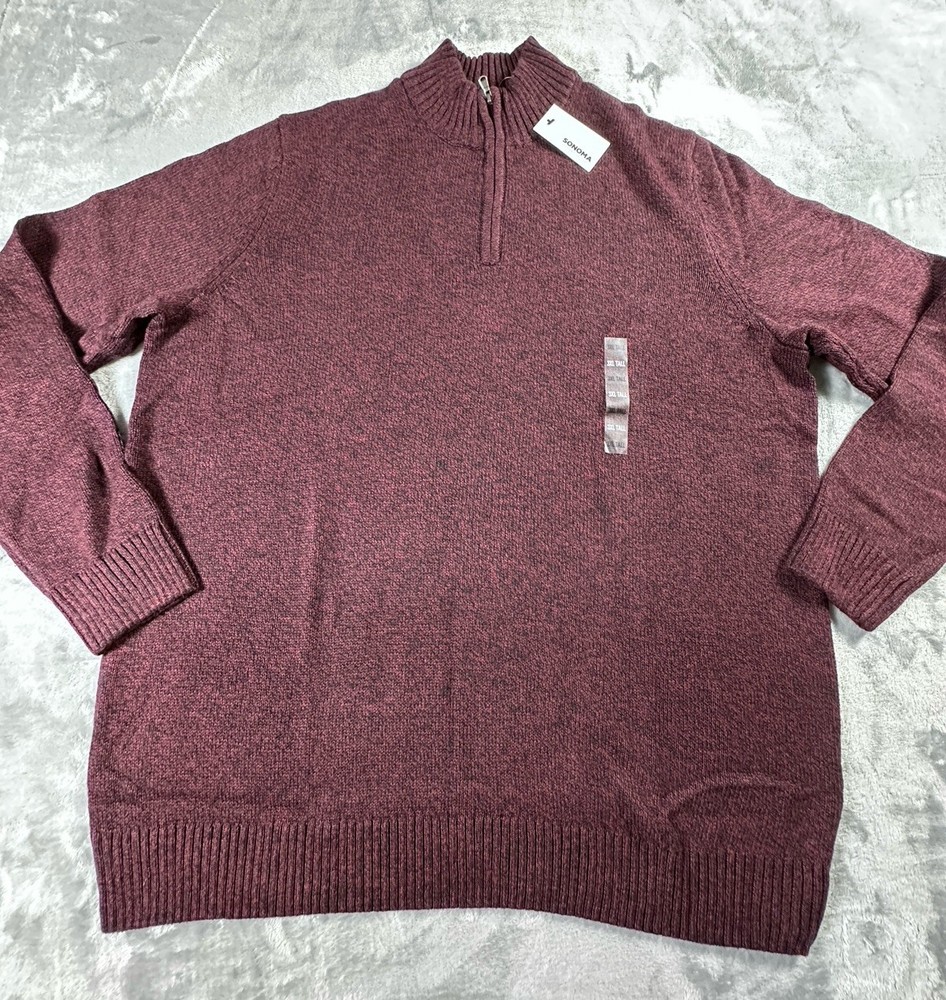 Mens Sweater SIZE 3XL TALL Burgundy Black Quarter Zip Mock Neck Sonoma New