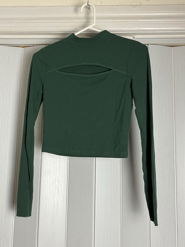 AMP Green Ribbed Knit Mock Neck Cutout Long Sleeve Cropped Top Womens Sz S