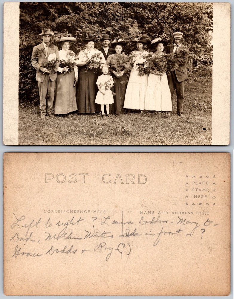 Group Portrait Men Women Children Holding Flowers Postcard