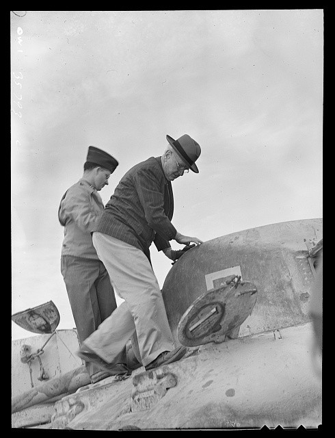 Photo:1930s Man Boy on Tank Military Vehicle Wartime Photograph
