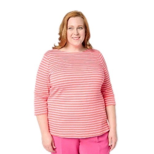 Isaac Mizrahi Live! Essential Yarn Dye Stripe 3/4 Sleeve Top 3XL Pink & White