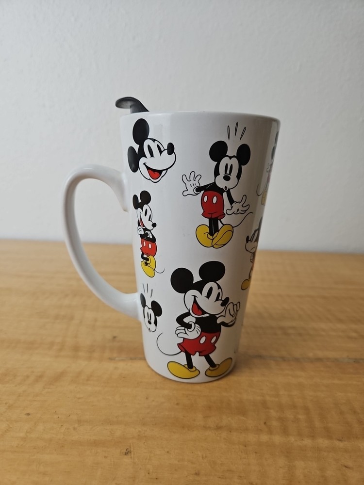 DISNEY Mickey Mouse Ceramic Pottery Tall Coffee Mug Cup with Lid 14 oz / 6