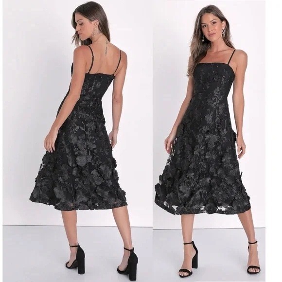 Lulus Glamour Garden Black 3D Floral Embroidered Midi Dress Size XS