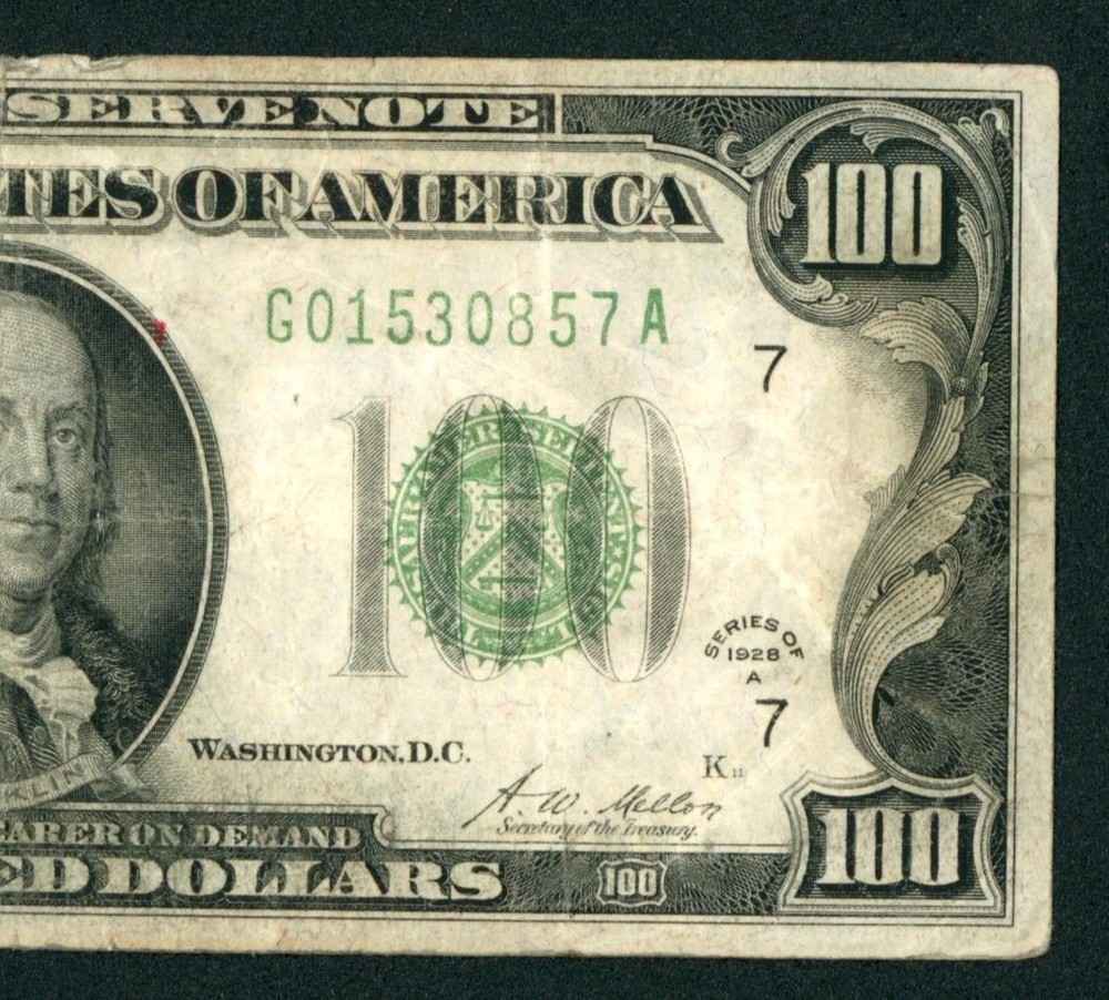 $100 1928 (( Dark Green Seal )) Federal Reserve Note ** Paper Currency