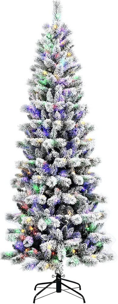 7.5Ft Pre-Lit Snow Flocked Christmas Tree, Premium Hinged Artificial Pine Tree W