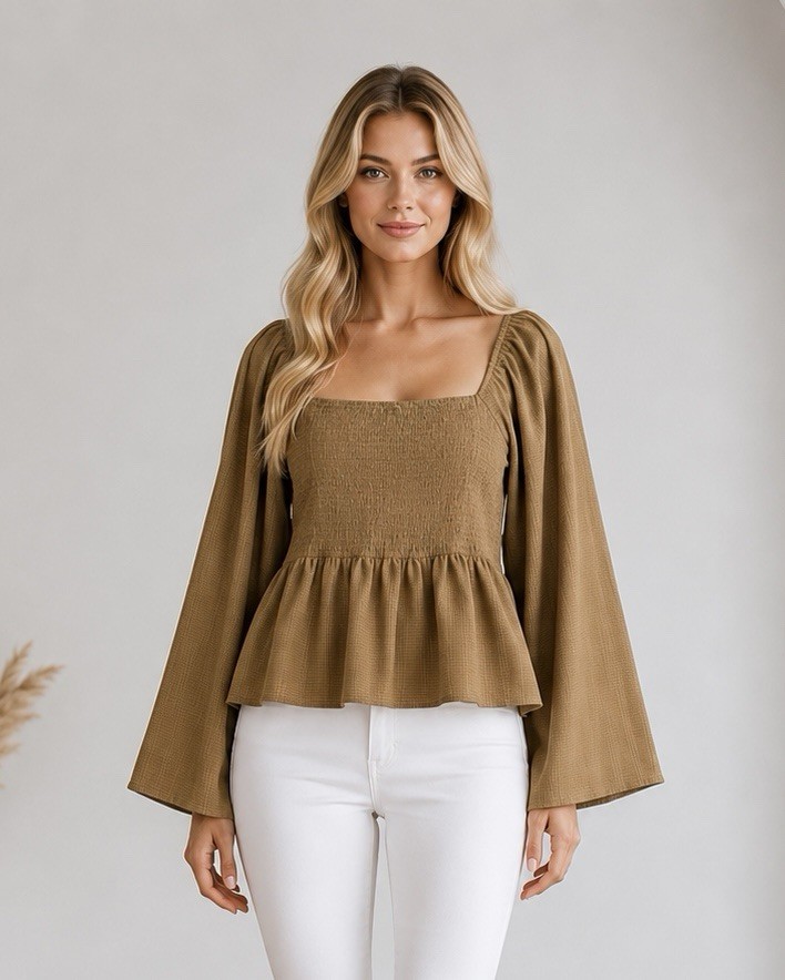 Womens Smocked Bell Sleeve Peplum Top Size Large Summer Boho Resort Chic