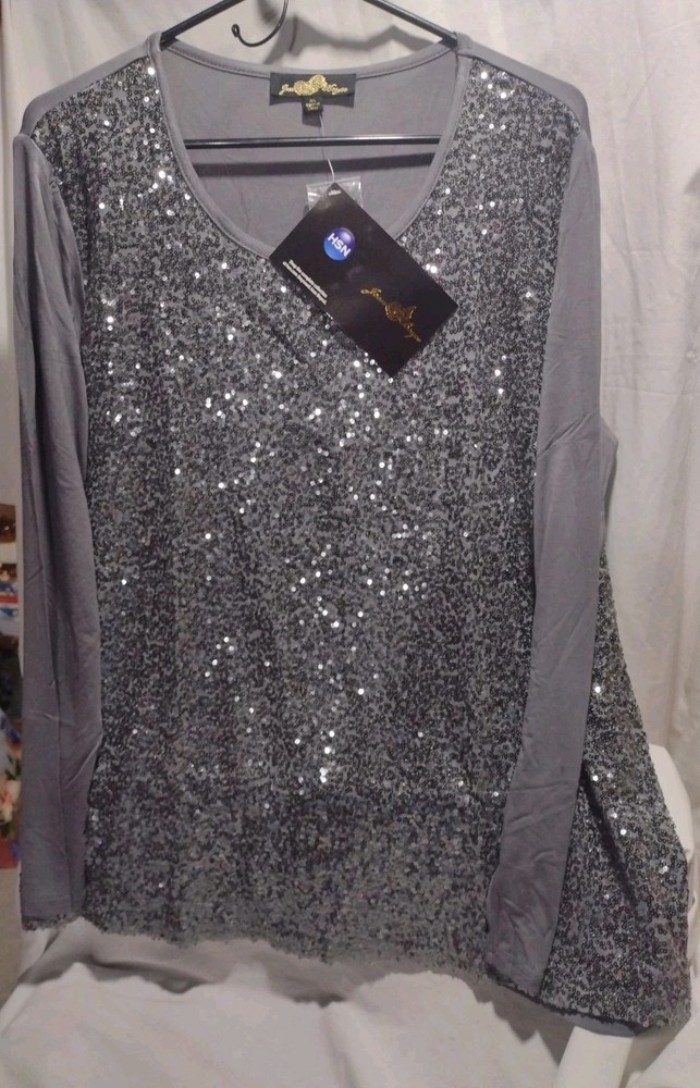 Women's Joan Boyce Sequined Scoop Neck Long Sleeve Top Grey Size XL