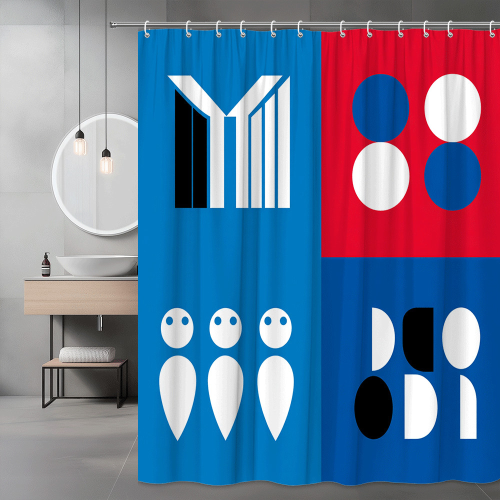 Modern Abstract Geometric Shower Curtain Blue Red White Black