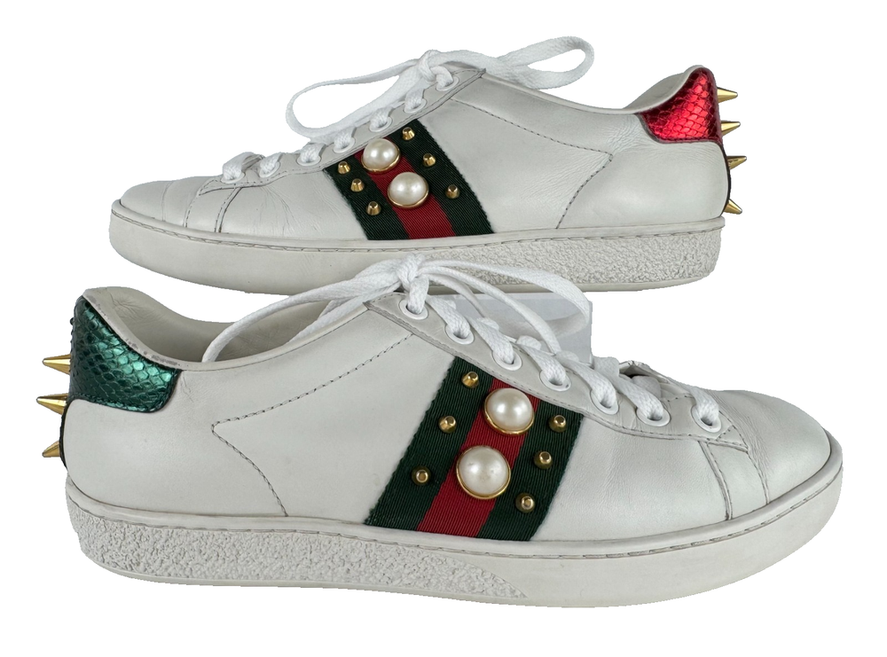 Gucci Womens White Leather Sneakers with Pearl Studs Size US 5 EU 35