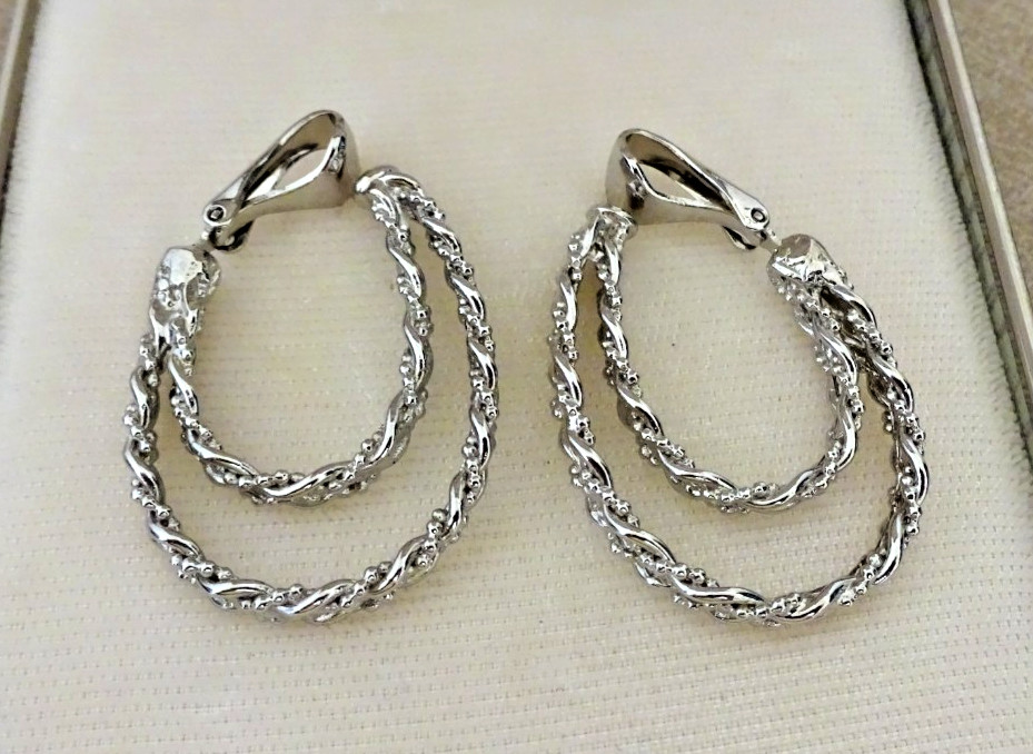 Vintage Dangle Twisted Textured Double Hoop Dangle Clip-On Earrings Silver Tone