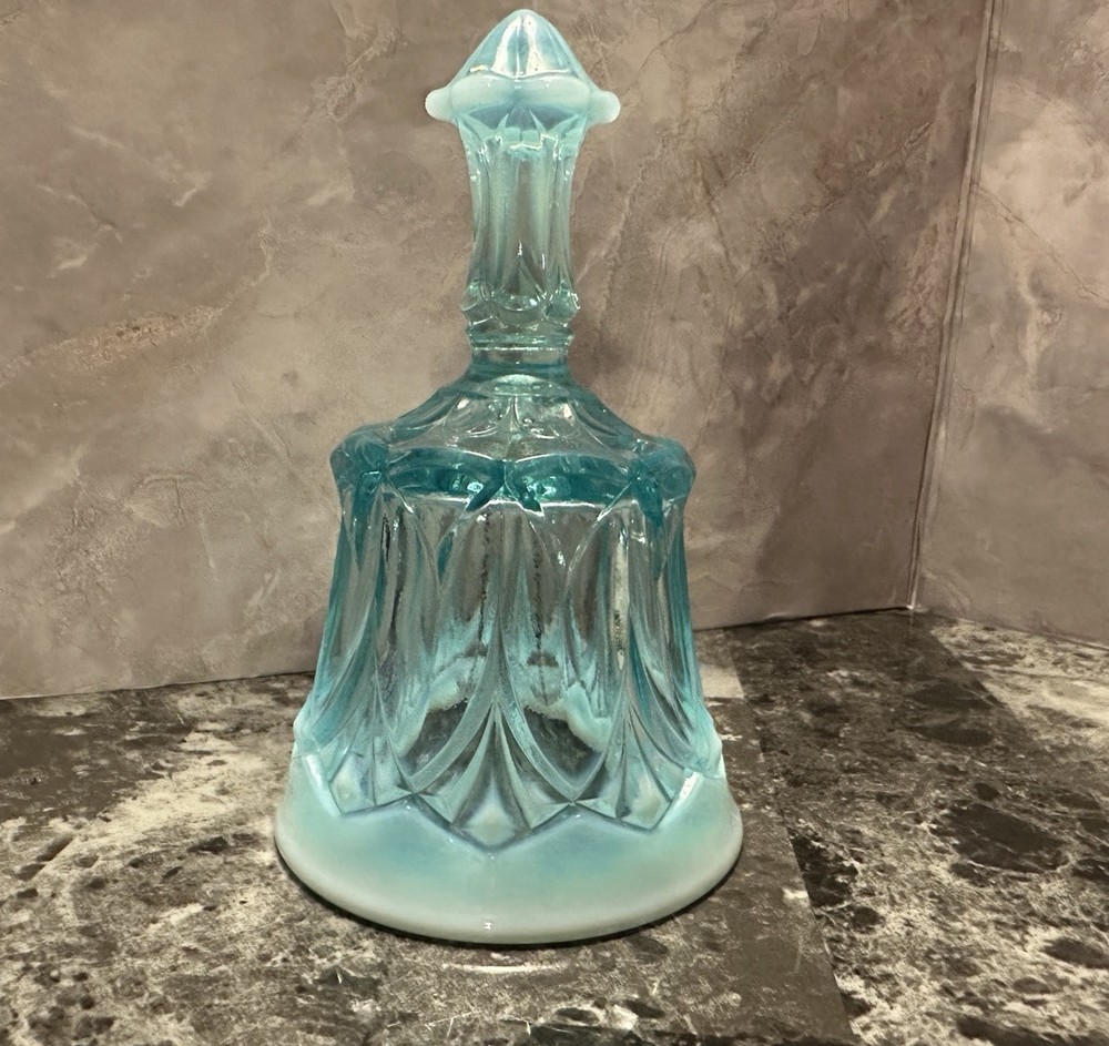 Vintage 1970s Fenton Aqua Blue Opalescent Glass Bell Whitton Pattern 6.5 Inch