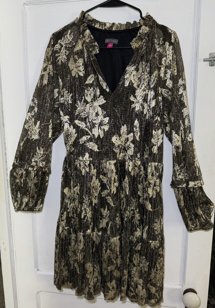 Vince Camuto Dress Womens XL Rich Black Gold Metallic Long Sleeve V Neck Lined