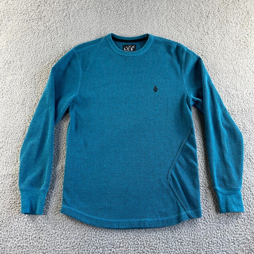 NEW Volcom T Shirt Mens Small Blue Thermal Pullover Waffle Knit Long Sleeve