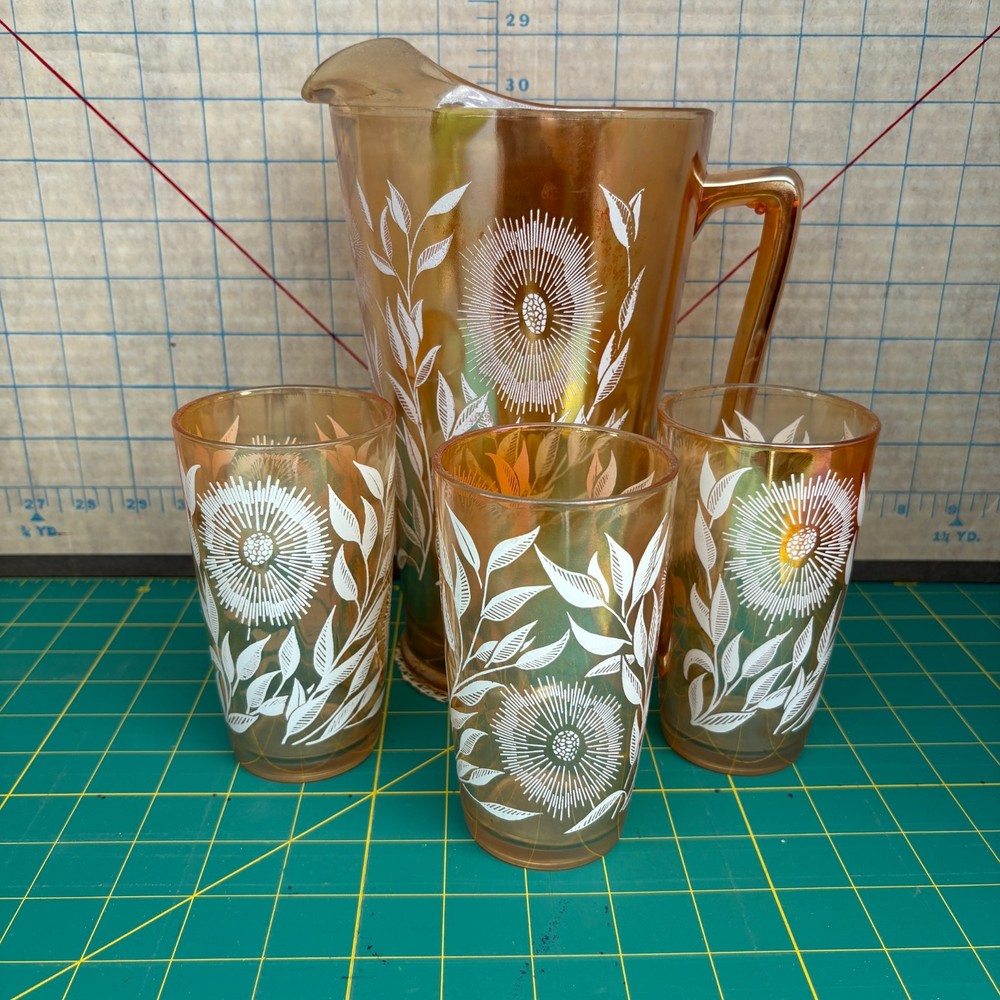 Jeannette Iridescent Marigold Carnival Glass Pitcher + 3 Glass Vintage