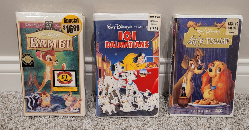 3 NEW Disney VHS tapes- Bambi, 101 Dalmatians, Lady and the Tramp