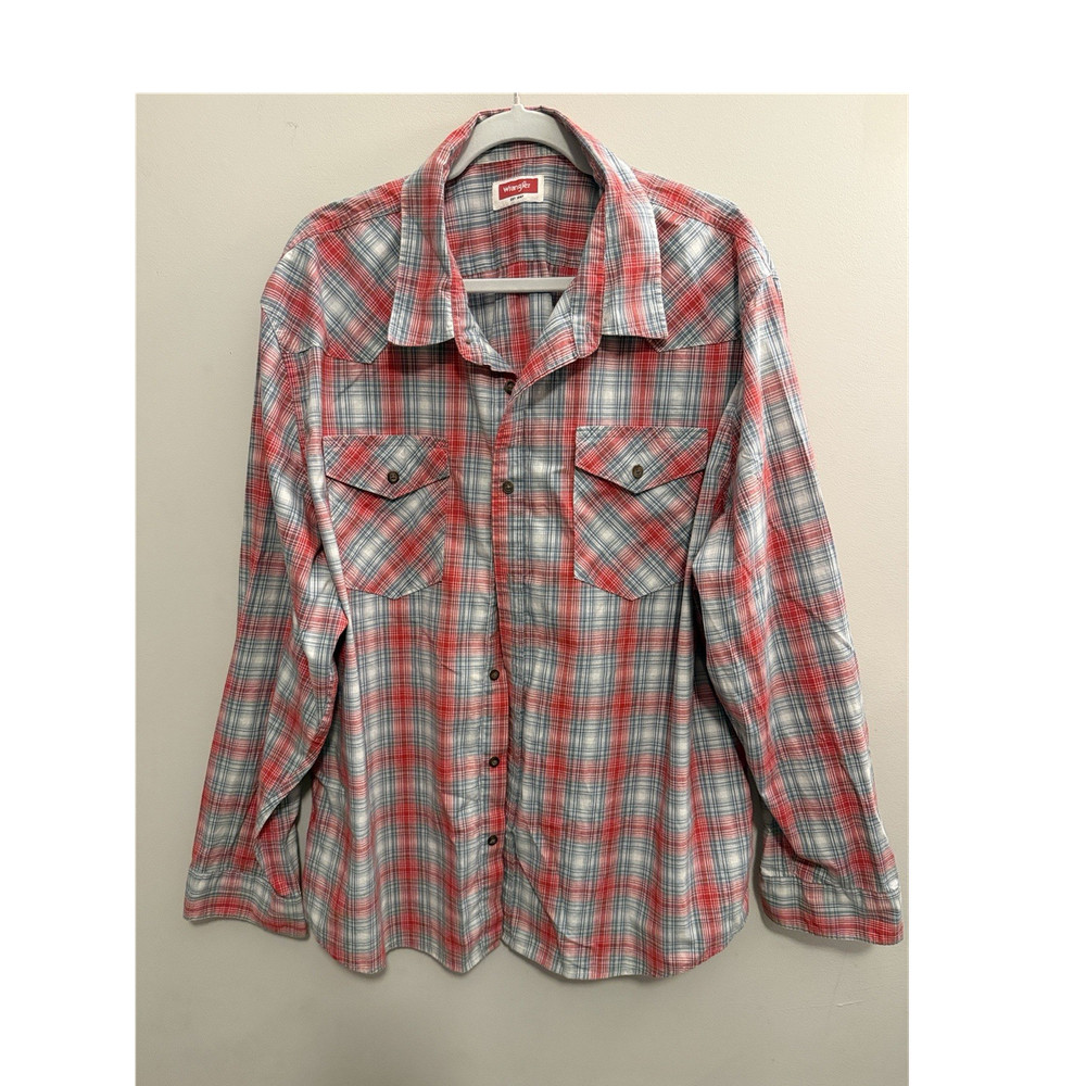 Wrangler Men's 2XL Plaid Button-Up Shirt Red Blue Long Sleeve Pockets