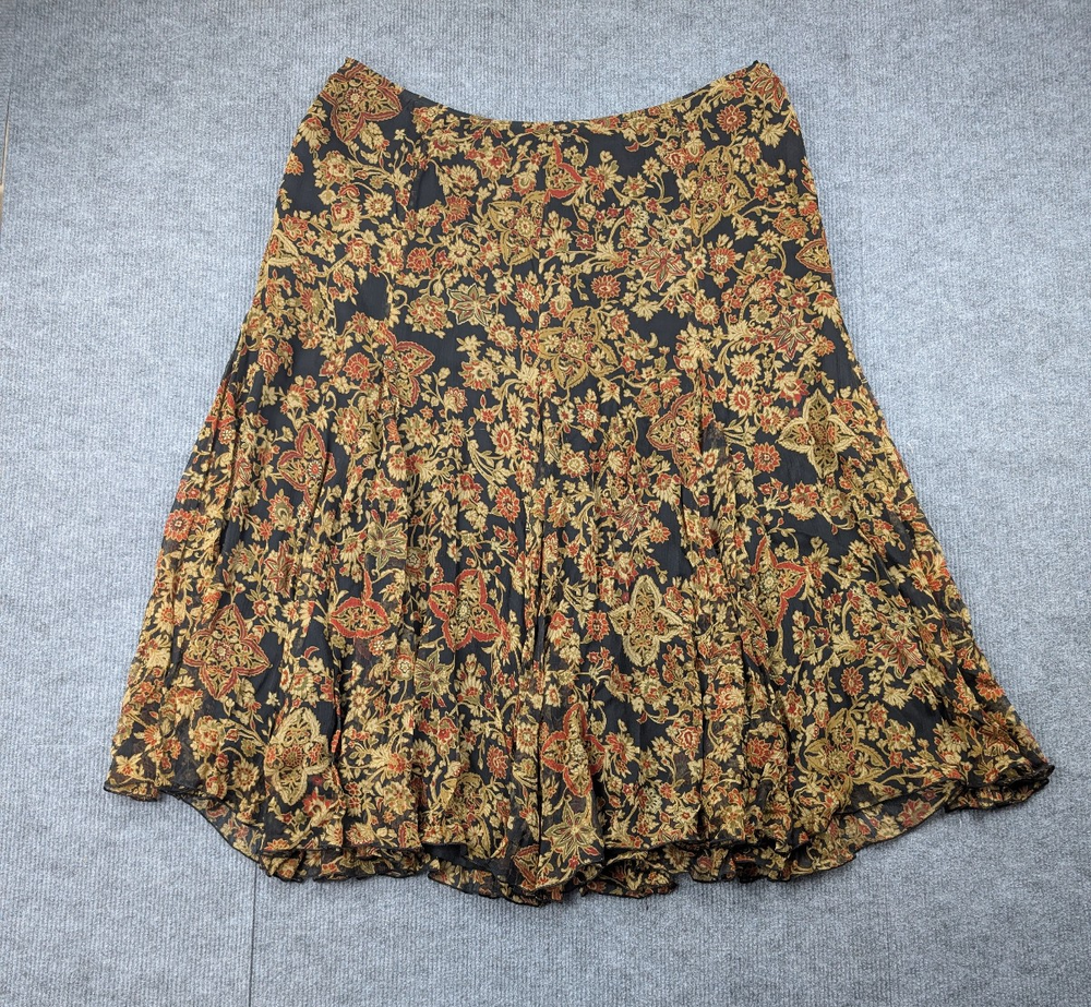 Vintage Silk Midi Skirt Womens 2X Paisley Dark Cottage Neutral 90s Chiffon Flowy