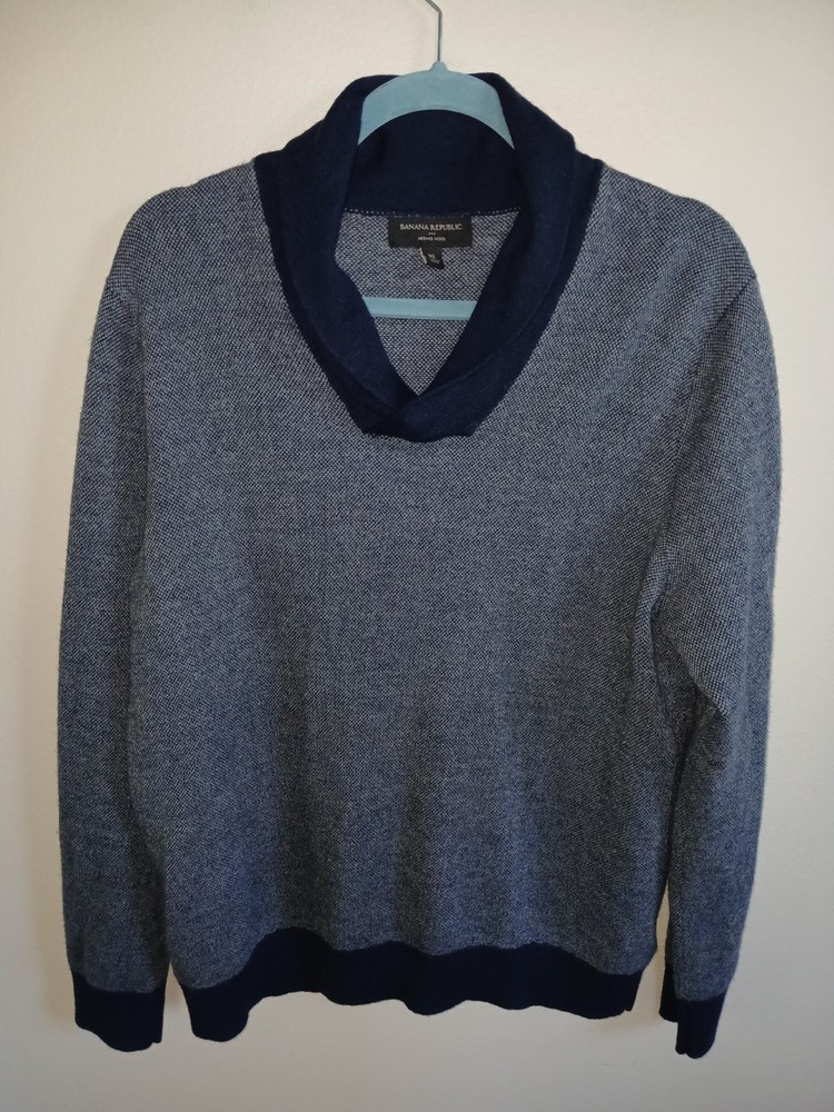 Banana Republic Men's XL Merino Wool Blend Sweater Shawl Neck Navy Blue Gray