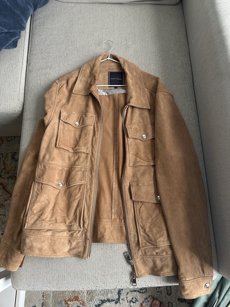 Tommy Hilfiger Faux Suede Jacket Fur Lined L Men Gorpcore Rugged Workman Tan Y2K
