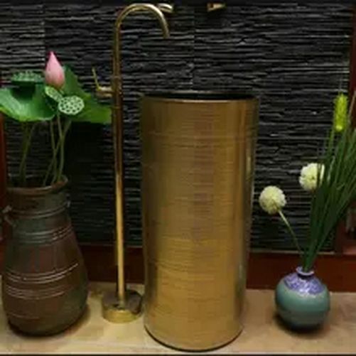 Ceramic Bathroom Integrated Pedestal Sink Handmade Artistic Engraved Line Design