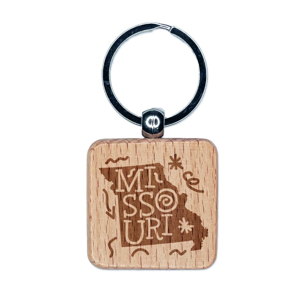Missouri State Engraved Wooden Keychain with Elegant Text Swirls  