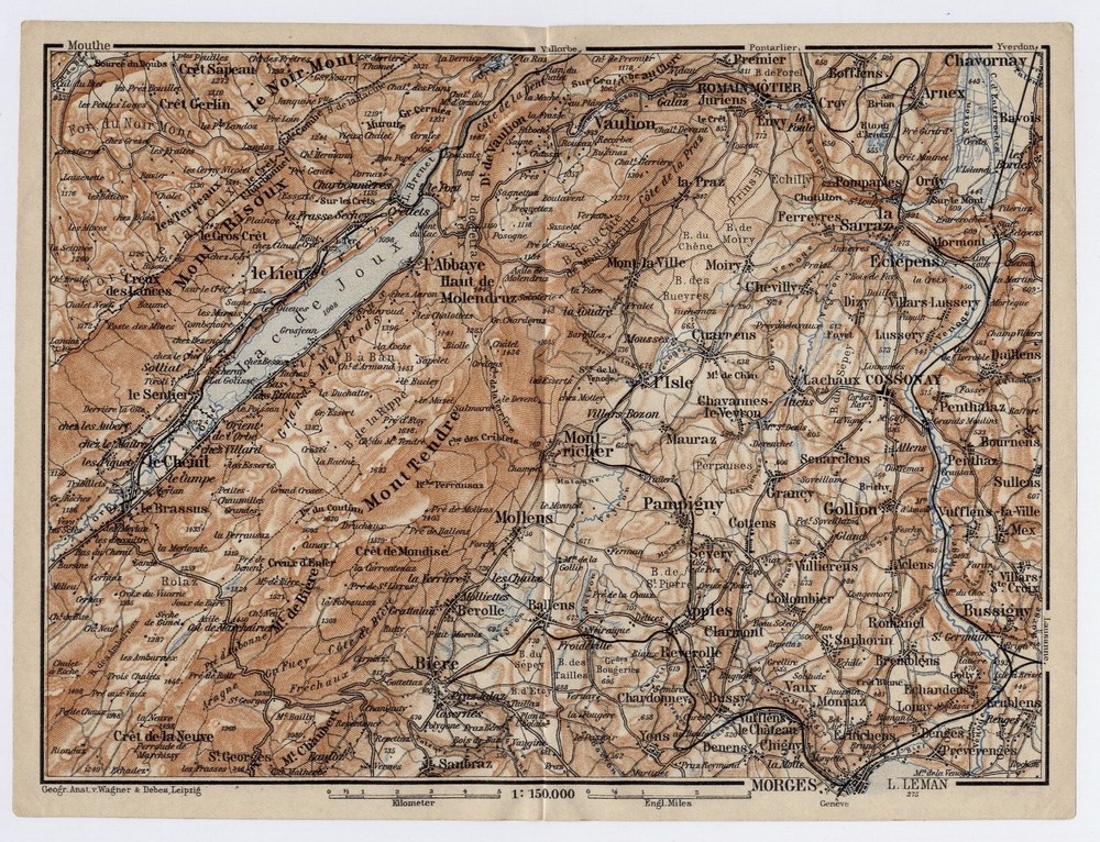 1905 Antique Map Of Vicinity Of Lac De Joux L'abbaye Cossonay Switzerland