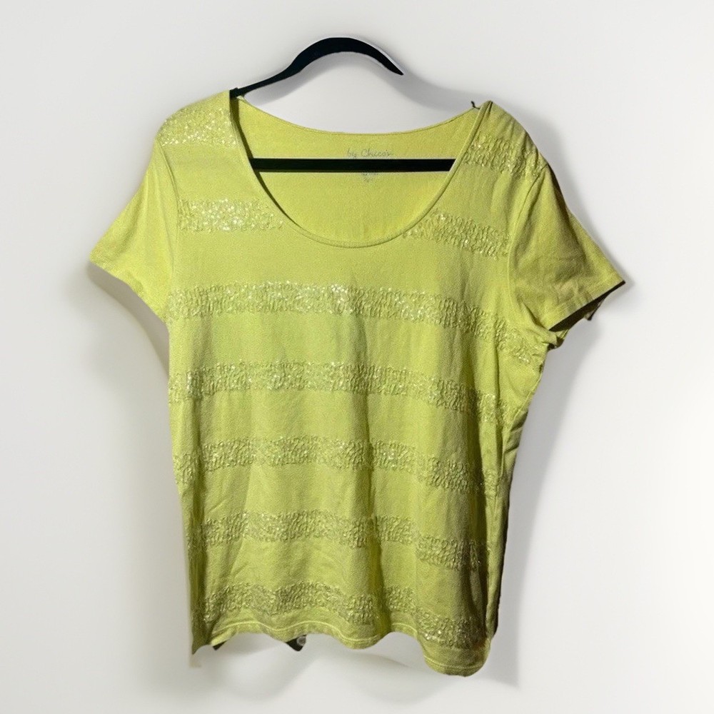 Chico's T-Shirt Top Women M Size 2 Yellow Green Short Sleeve Clear Sequins Shine