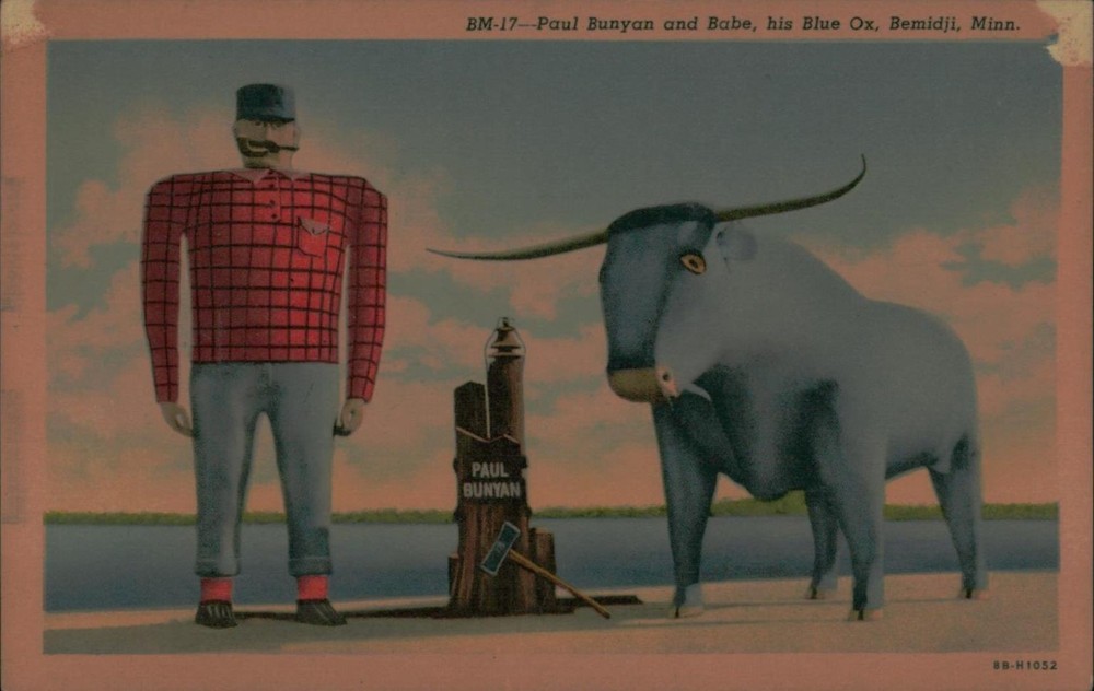 Vintage 1930s Linen Paul Bunyan and Babe Blue Ox Postcard Bemidji MN