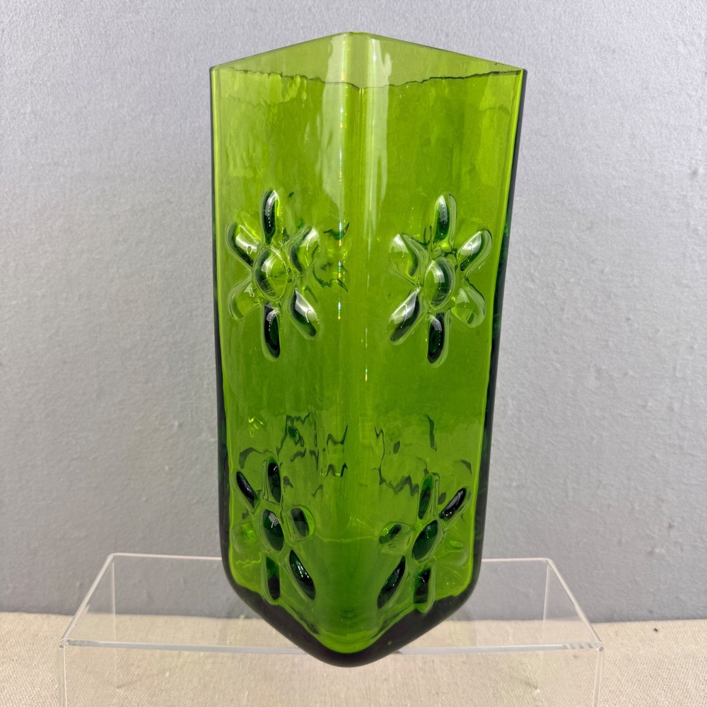 Blenko 6115M Olive Green Asterisk Daisy Block Vase Wayne Husted 10.5