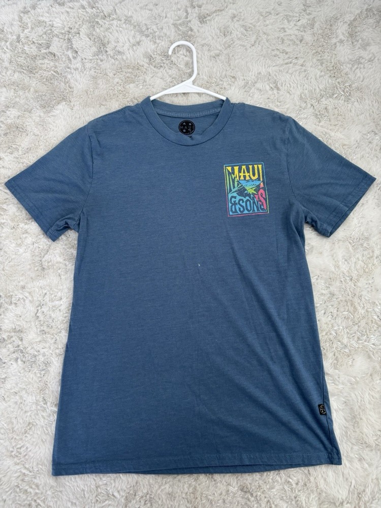 Maui & Sons Graphic T-Shirt Men’s Medium Blue Shark Logo Front Back Pre-Owned