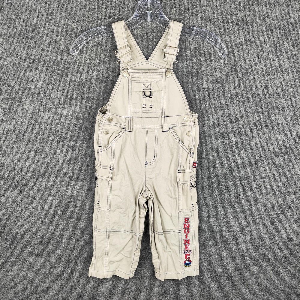 Sesame Street Overalls Boys Toddler 2T Beige Canvas Embroidered Firefighter
