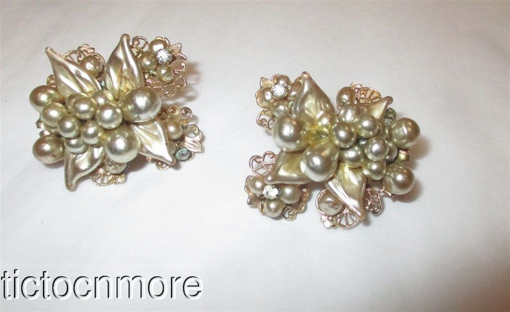 Vintage Frank Hess Miriam Haskell Baroque Revival Faux Pearl Custer Earrings