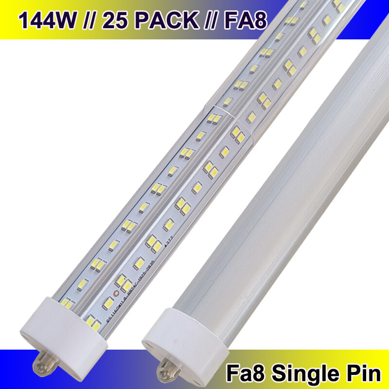 25Pcs T8 8FT Single Pin LED Tube Bulbs 144W 6500K Shop Lights