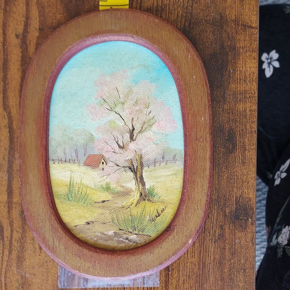 Small Framed Oil Painting on Canvas - Realism Landscape with Tree & Barn