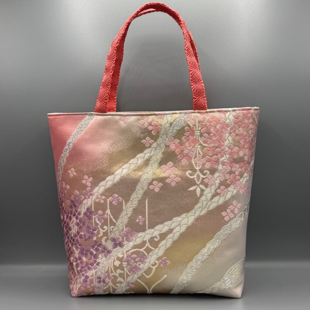 Elegant Handmade Japanese Kimono Obi Silk Tote Bag in Pink Gold Silver Recycled